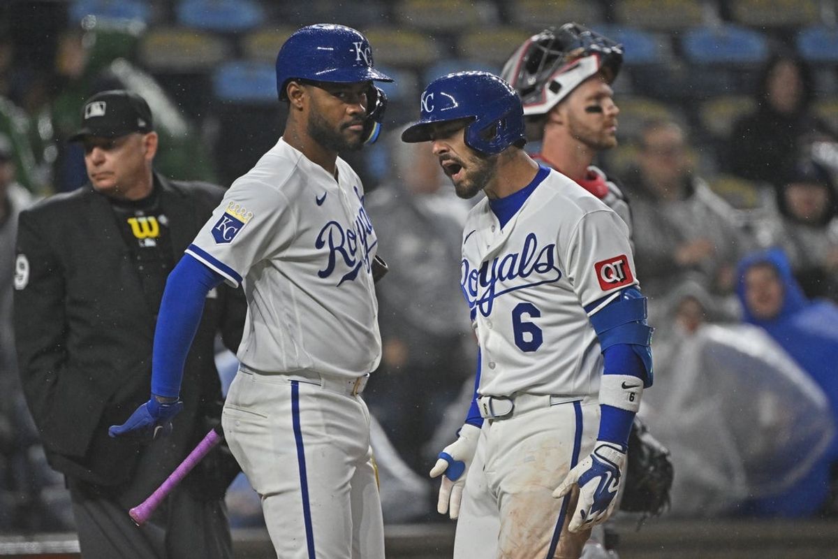 Apr 1, 2026; Kansas City, Missouri, USA;  Kansas City Royals second baseman Jonathan India (6) reacts after hitting a grand slam in the sixth inning against the Minnesota Twins at Kauffman Stadium. Mandatory Credit: Peter Aiken-Imagn Images