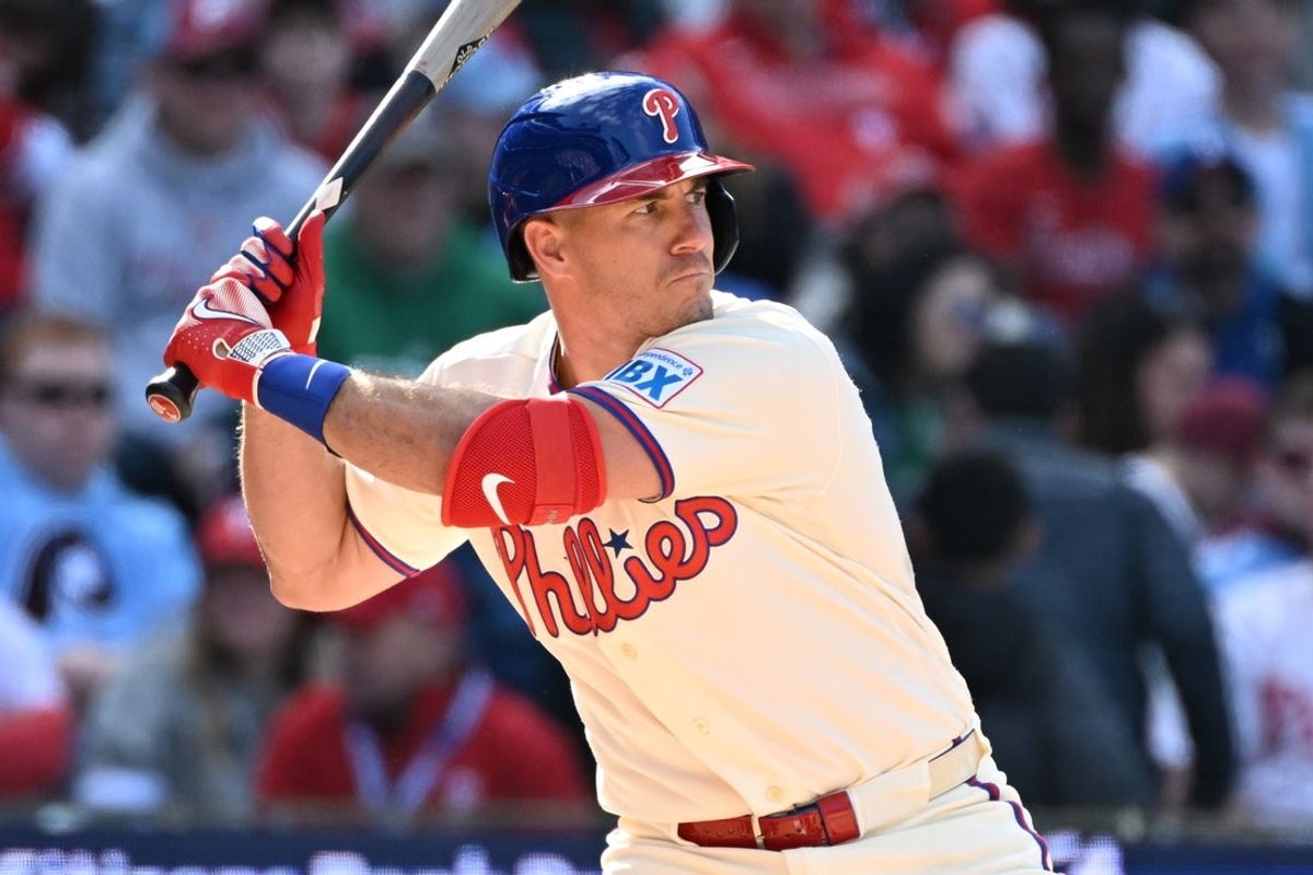 Mar 29, 2026; Philadelphia, Pennsylvania, USA; Philadelphia Phillies catcher J.T. Realmuto (10) at bat against the Texas Rangers at Citizens Bank Park. Mandatory Credit: Eric Hartline-Imagn Images