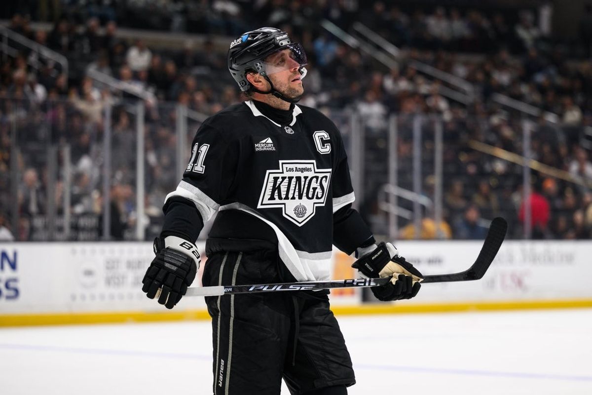Apr 1, 2026; Los Angeles, California, USA; Los Angeles Kings center Anze Kopitar (11) looks on during the second period against the St. Louis Blues at Crypto.com Arena. Mandatory Credit: William Liang-Imagn Images