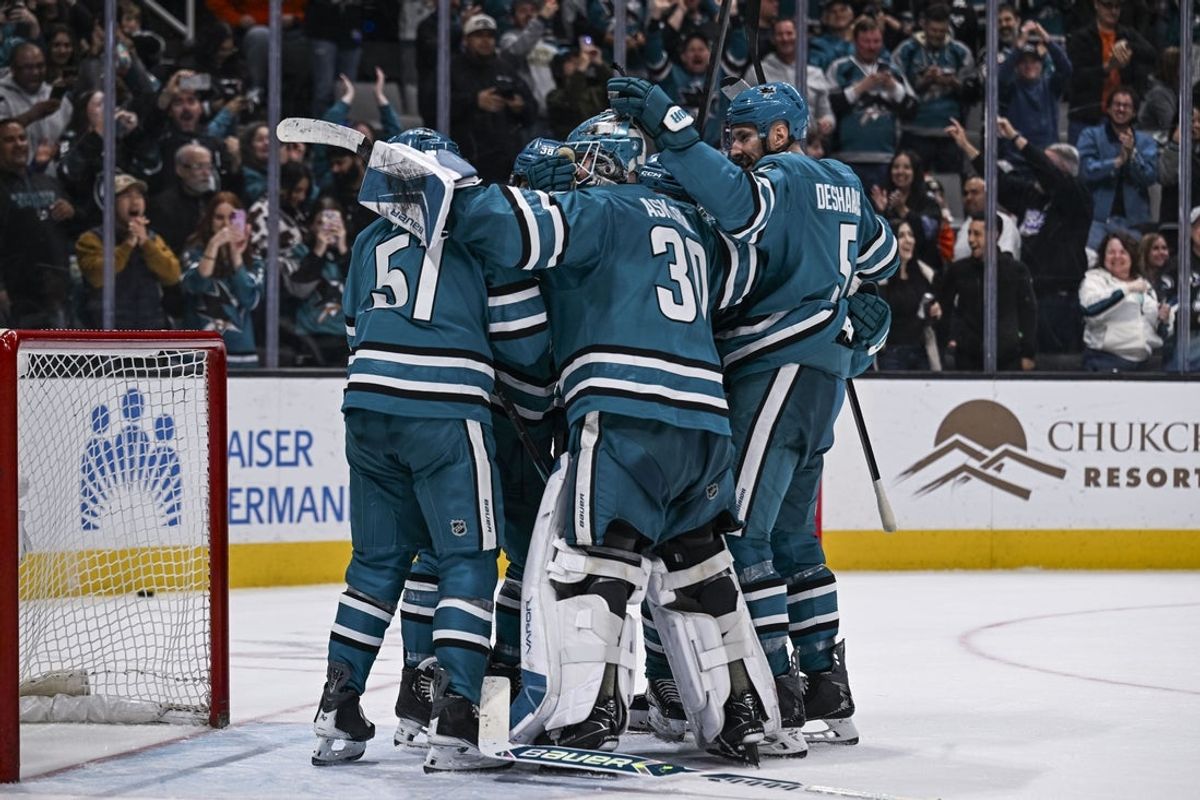 Apr 1, 2026; San Jose, California, USA; The Sharks celebrate after defeating the Anaheim Ducks at SAP Center at San Jose. Mandatory Credit: Justine Willard-Imagn Images