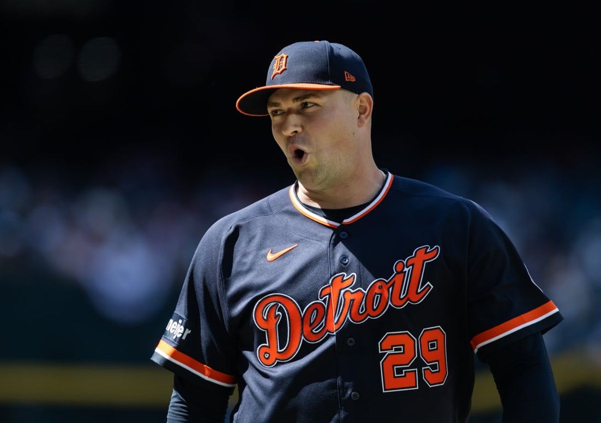 Apr 1, 2026; Phoenix, Arizona, USA; Detroit Tigers pitcher Tarik Skubal reacts against the Arizona Diamondbacks at Chase Field. Mandatory Credit: Mark J. Rebilas-Imagn Images