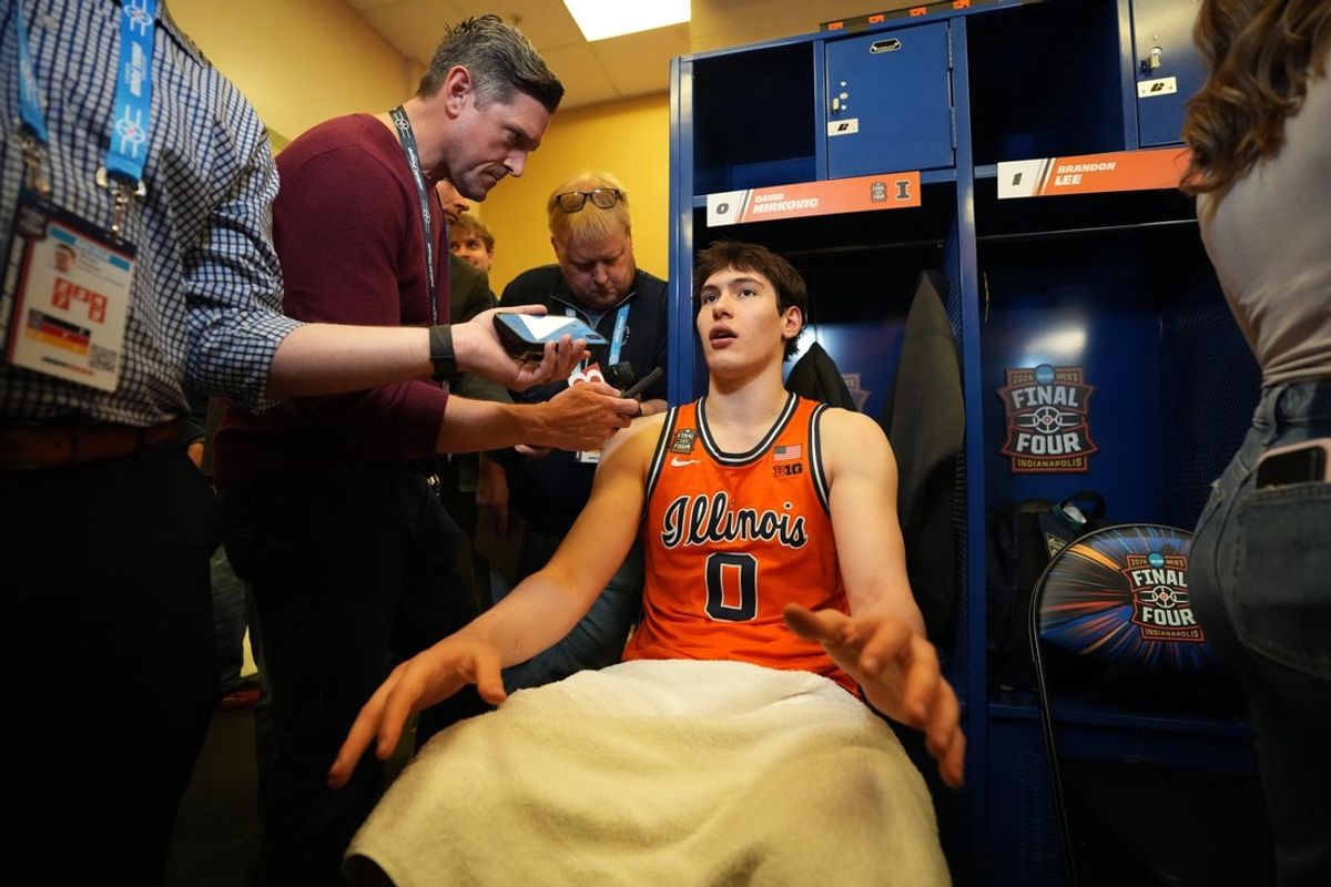 Apr 2, 2026; Indianapolis, IN, USA; IIllinois Fighting Illini forward David Mirkovic (0) during open locker room at the Final Four. Mandatory Credit: Bob Donnan-Imagn Images