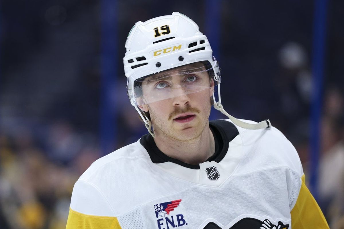 Apr 2, 2026; Tampa, Florida, USA; Pittsburgh Penguins center Connor Dewar (19) warms up before a game against the before a game against the Tampa Bay Lightning at Benchmark International Arena. Mandatory Credit: Nathan Ray Seebeck-Imagn Images