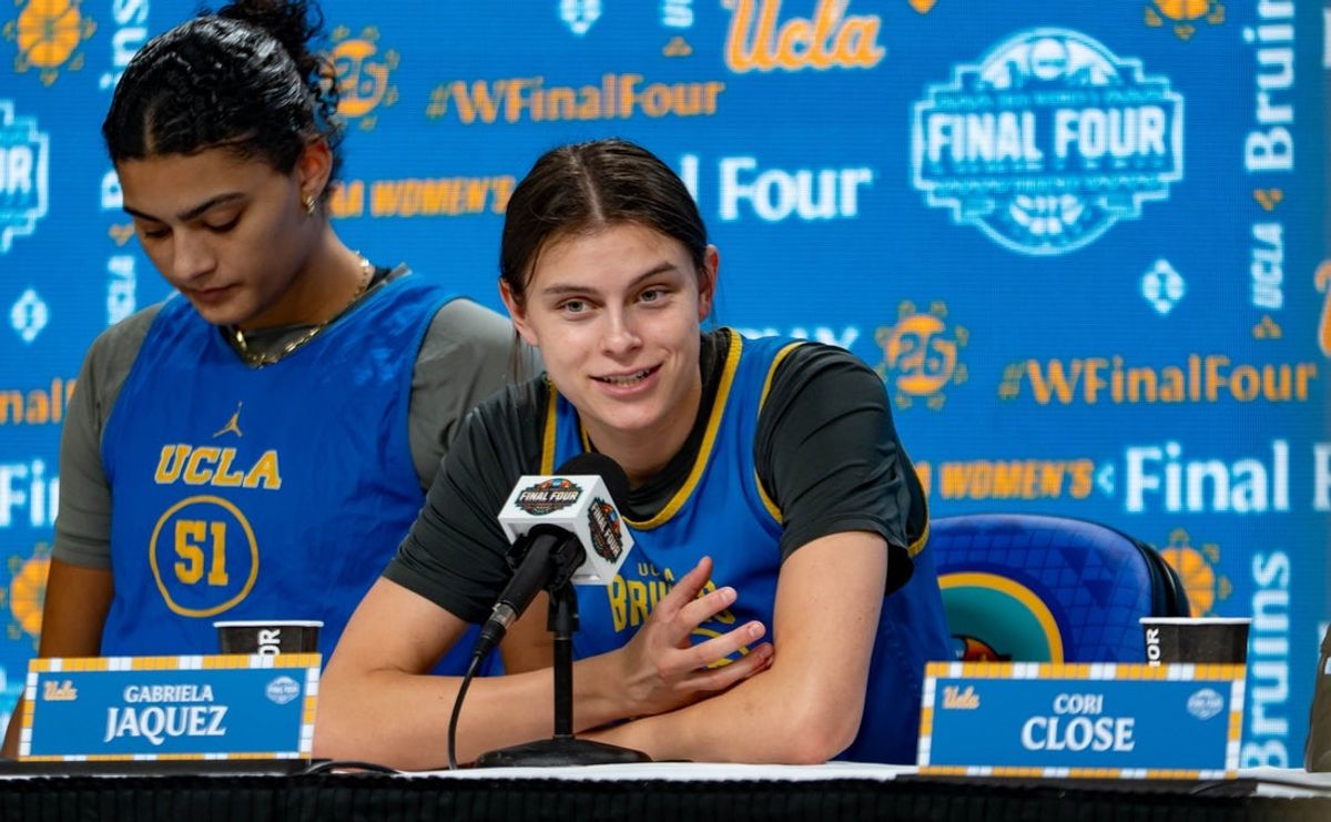 UCLA Bruins guard Gabriela Jaquez (11) speaks to members of the media during the NCAA Women’s Final Four media day at Mortgage Matchup Center in Phoenix on April 2, 2026.