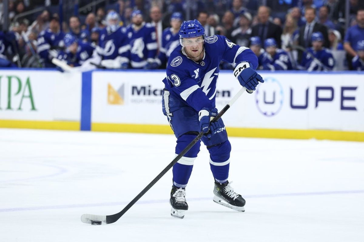Apr 2, 2026; Tampa, Florida, USA; Tampa Bay Lightning defenseman Darren Raddysh (43) controls the puck against the Pittsburgh Penguins in the first period  at Benchmark International Arena. Mandatory Credit: Nathan Ray Seebeck-Imagn Images