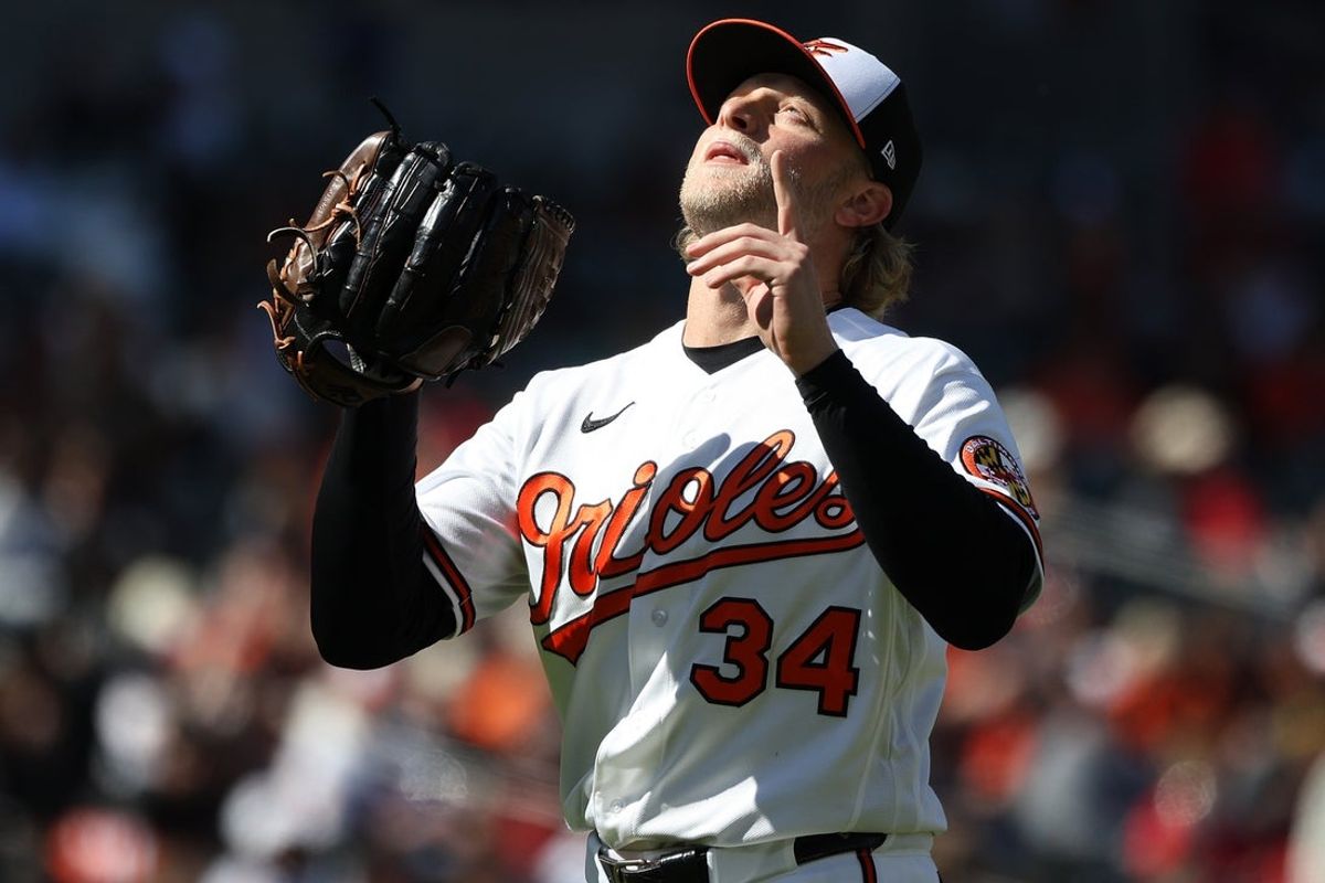 Mar 29, 2026; Baltimore, Maryland, USA; Baltimore Orioles pitcher Shane Baz (34) celebrates during the sixth inning against the Minnesota Twins at Oriole Park at Camden Yards. Mandatory Credit: Daniel Kucin Jr.-Imagn Images