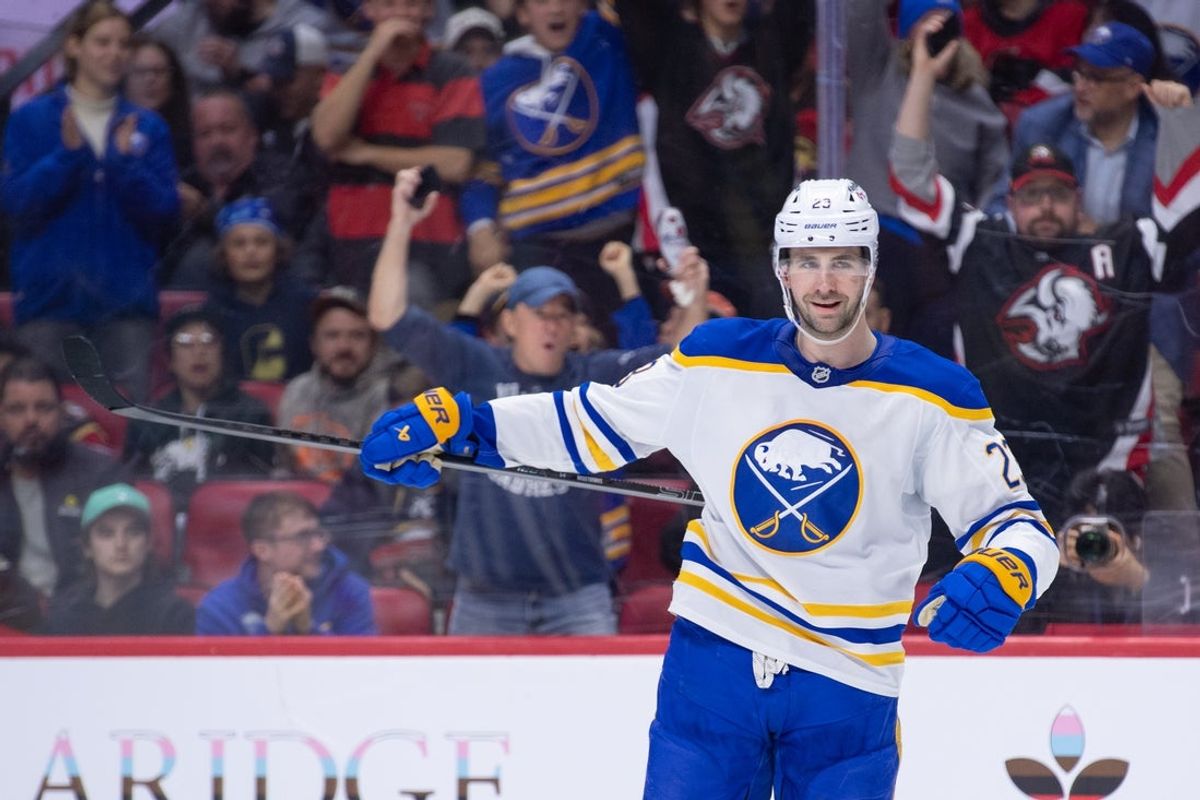 Apr 2, 2026; Ottawa, Ontario, CAN; Buffalo Sabres defenseman Mattias Samuelsson (23) celebrates a goal scored in the second period against the  Ottawa Senators at the Canadian Tire Centre. Mandatory Credit: Marc DesRosiers-IMAGN Images
