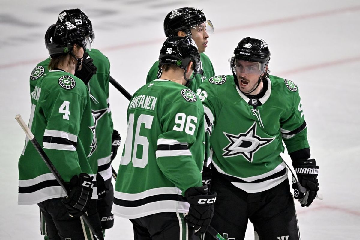 Apr 2, 2026; Dallas, Texas, USA; Dallas Stars defenseman Miro Heiskanen (4) and center Wyatt Johnston (53) and right wing Mikko Rantanen (96) and left wing Jason Robertson (21) and center Matt Duchene (95) celebrates a power play goal scored by Duchene against the Winnipeg Jets during the first period at the American Airlines Center. Mandatory Credit: Jerome Miron-Imagn Images