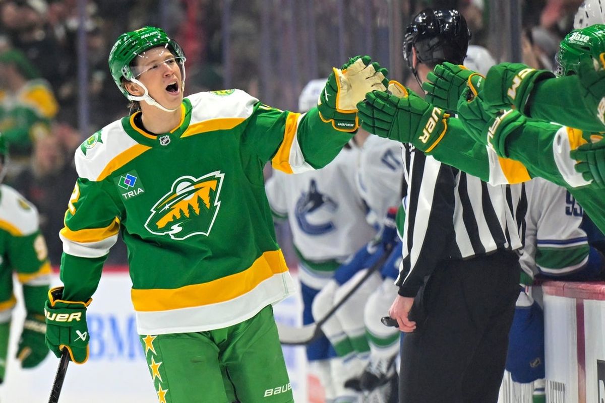 Apr 2, 2026; Saint Paul, Minnesota, USA;  Minnesota Wild forward Matt Boldy (12) celebrates his goal against the Vancouver Canucks during the first period at Grand Casino Arena. Mandatory Credit: Nick Wosika-Imagn Images
