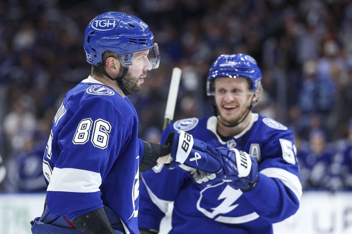 Apr 2, 2026; Tampa, Florida, USA; Tampa Bay Lightning right wing Nikita Kucherov (86) reacts after scoring a goal against the Pittsburgh Penguins in the third period at Benchmark International Arena. Mandatory Credit: Nathan Ray Seebeck-Imagn Images