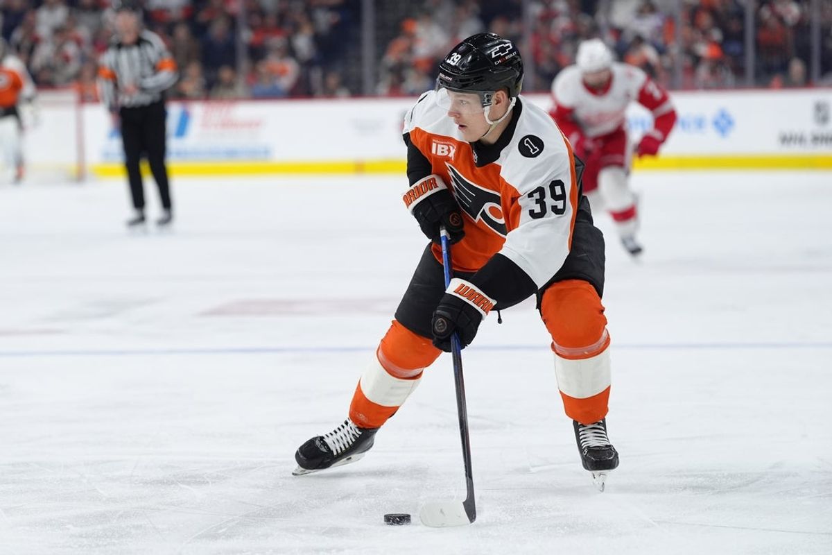 Apr 2, 2026; Philadelphia, Pennsylvania, USA; Philadelphia Flyers right wing Matvei Michkov (39) controls the puck against the Detroit Red Wings in the third period at Xfinity Mobile Arena. Mandatory Credit: Kyle Ross-Imagn Images
