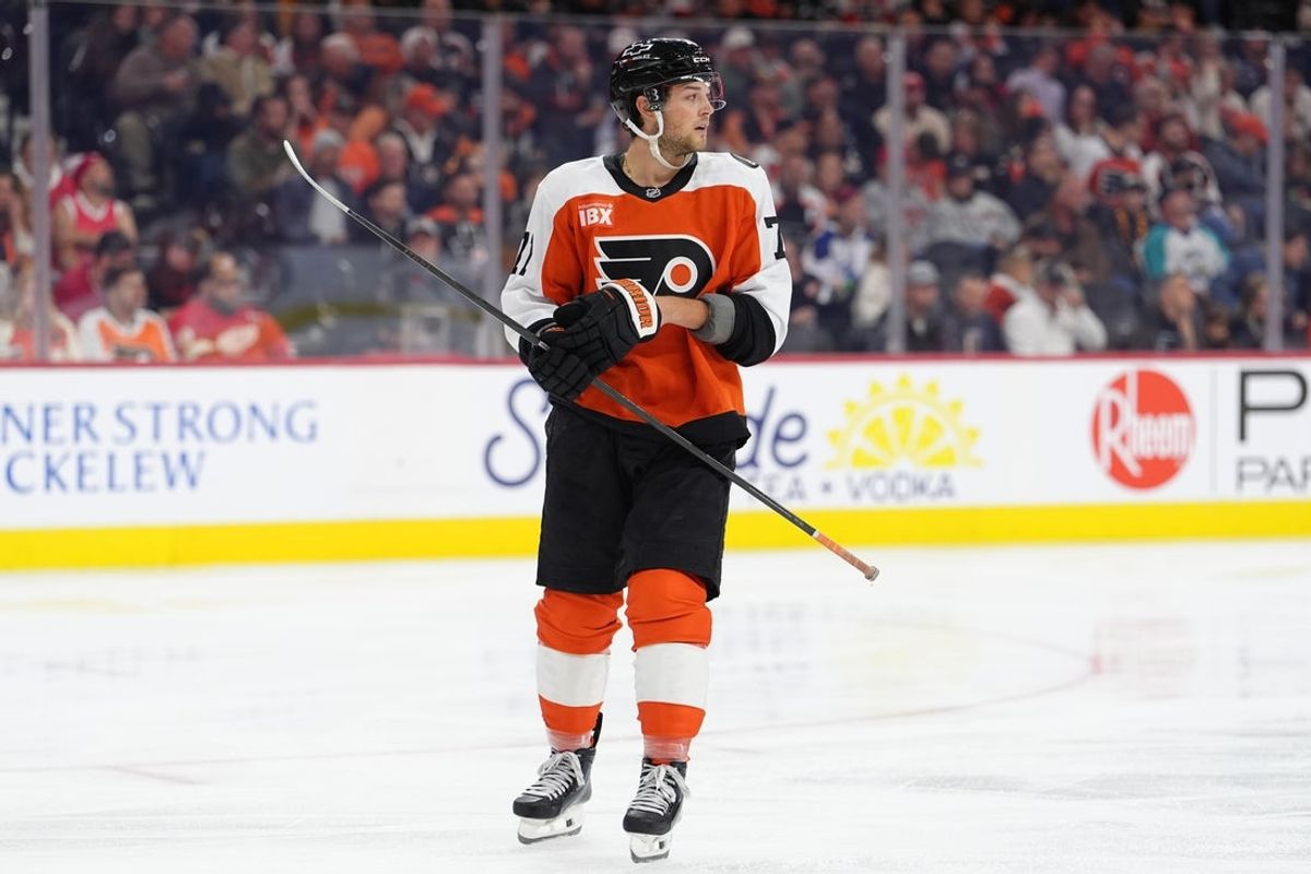 Apr 2, 2026; Philadelphia, Pennsylvania, USA; Philadelphia Flyers right wing Tyson Foerster (71) looks on against the Detroit Red Wings in the third period at Xfinity Mobile Arena. Mandatory Credit: Kyle Ross-Imagn Images