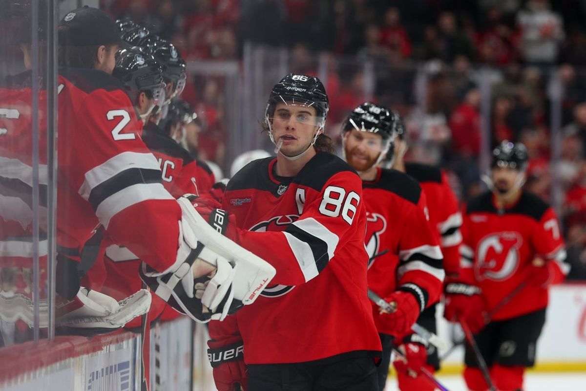 Apr 2, 2026; Newark, New Jersey, USA; New Jersey Devils center Jack Hughes (86) celebrates his goal against the Washington Capitals during the third period at Prudential Center. Mandatory Credit: Ed Mulholland-Imagn Images