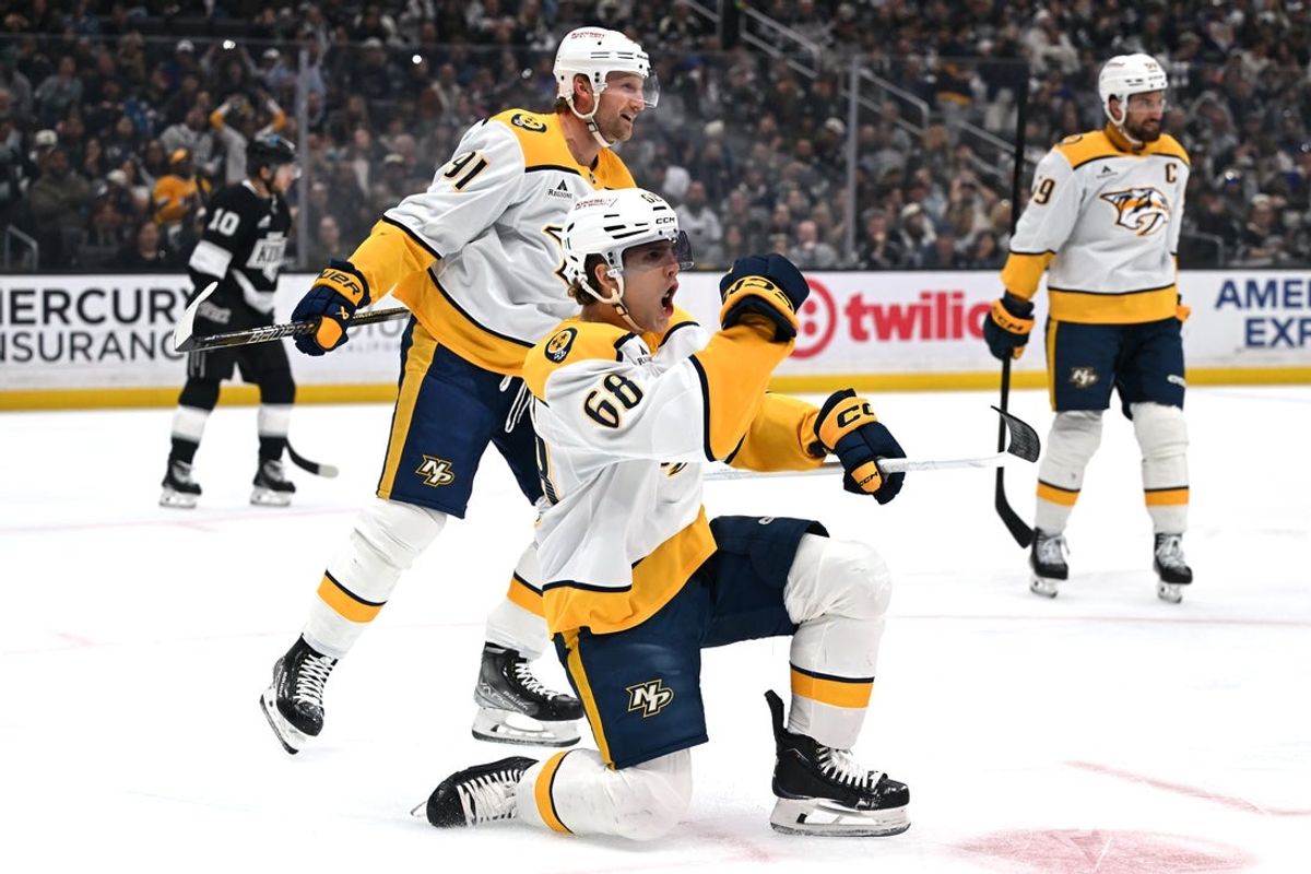 Apr 2, 2026; Los Angeles, California, USA; Nashville Predators left wing Zachary L'heureux (68) celebrates after scoring against the Los Angeles Kings during the first period at Crypto.com Arena. Mandatory Credit: Griffin Hooper-Imagn Images