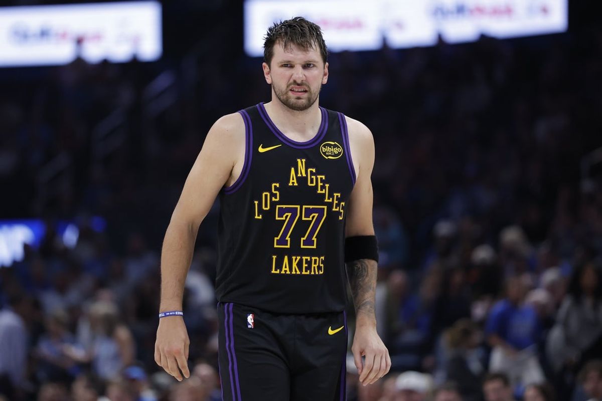 Apr 2, 2026; Oklahoma City, Oklahoma, USA; Los Angeles Lakers guard Luka Doncic (77) reacts after a play against the Oklahoma City Thunder during the second half at Paycom Center. Mandatory Credit: Alonzo Adams-Imagn Images