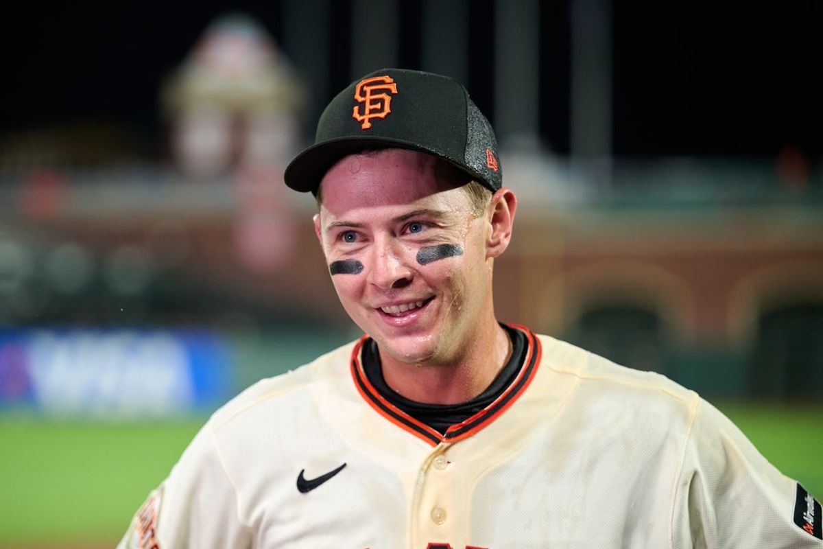 Apr 2, 2026; San Francisco, California, USA; San Francisco Giants catcher Daniel Susac (6) looks on during an interview after the game against the New York Mets at Oracle Park. Mandatory Credit: Robert Edwards-Imagn Images