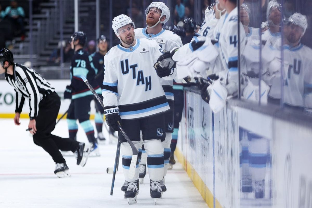 Apr 2, 2026; Seattle, Washington, USA; Utah Mammoth left wing Michael Carcone (53) celebrates a goal in the third period against the Seattle Kraken at Climate Pledge Arena. Mandatory Credit: Kevin Ng-Imagn Images