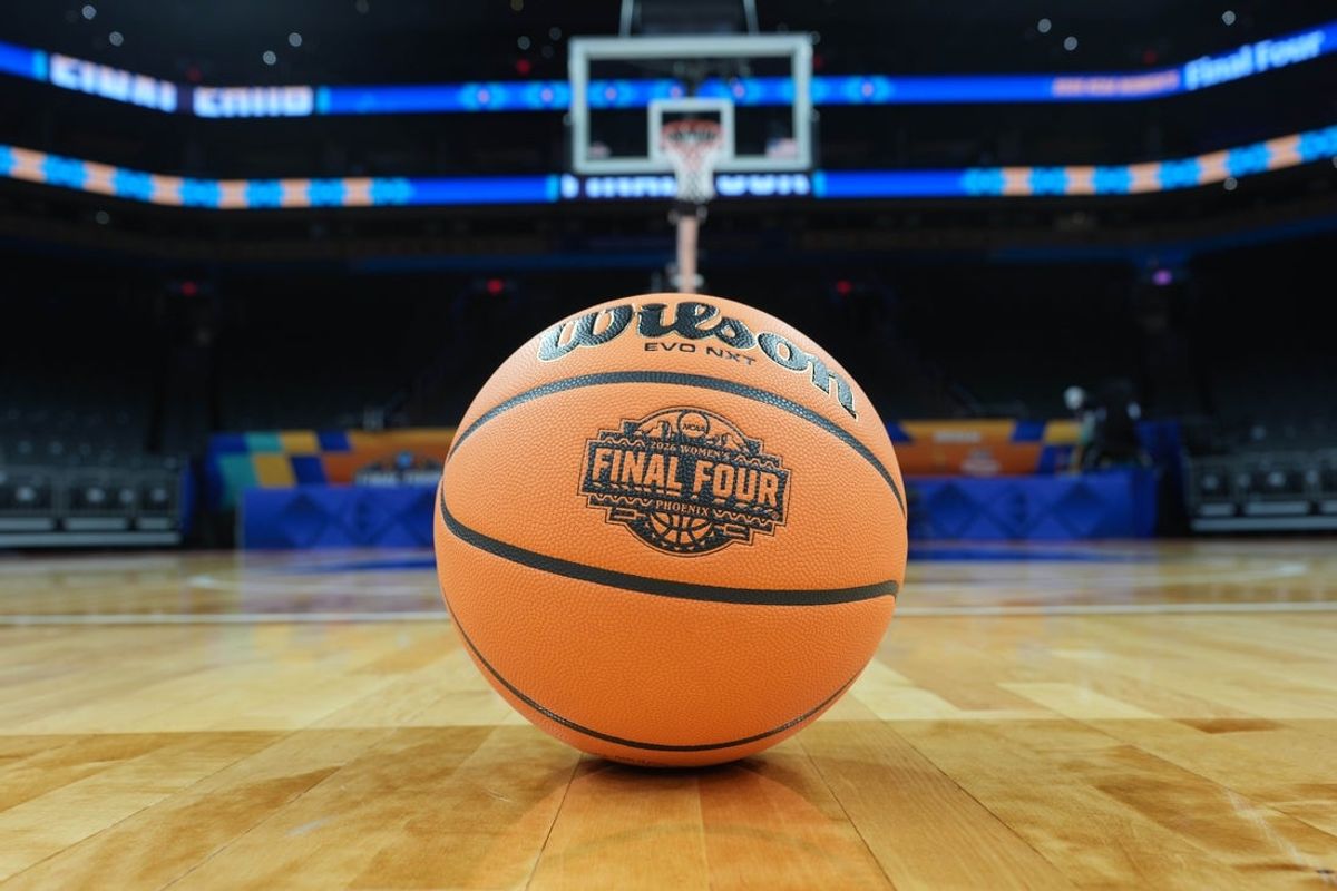 Apr 2, 2026; Phoenix, AZ, USA; A Wilson Evo NXT basketball with the 2026 NCAA Women's Final Four logo on the court at Mortgage Matchup Center. Mandatory Credit: Kirby Lee-Imagn Images
