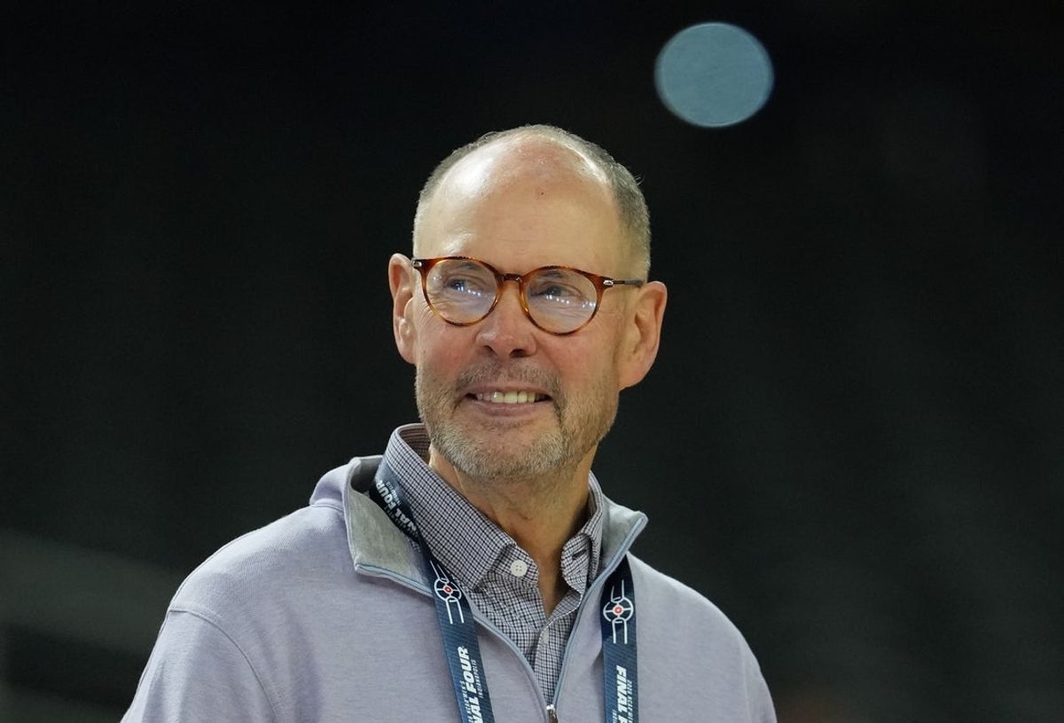 Ernie Johnson looks on during a practice session ahead of the Final Four of the men's 2026 NCAA Tournament at Lucas Oil Stadium.