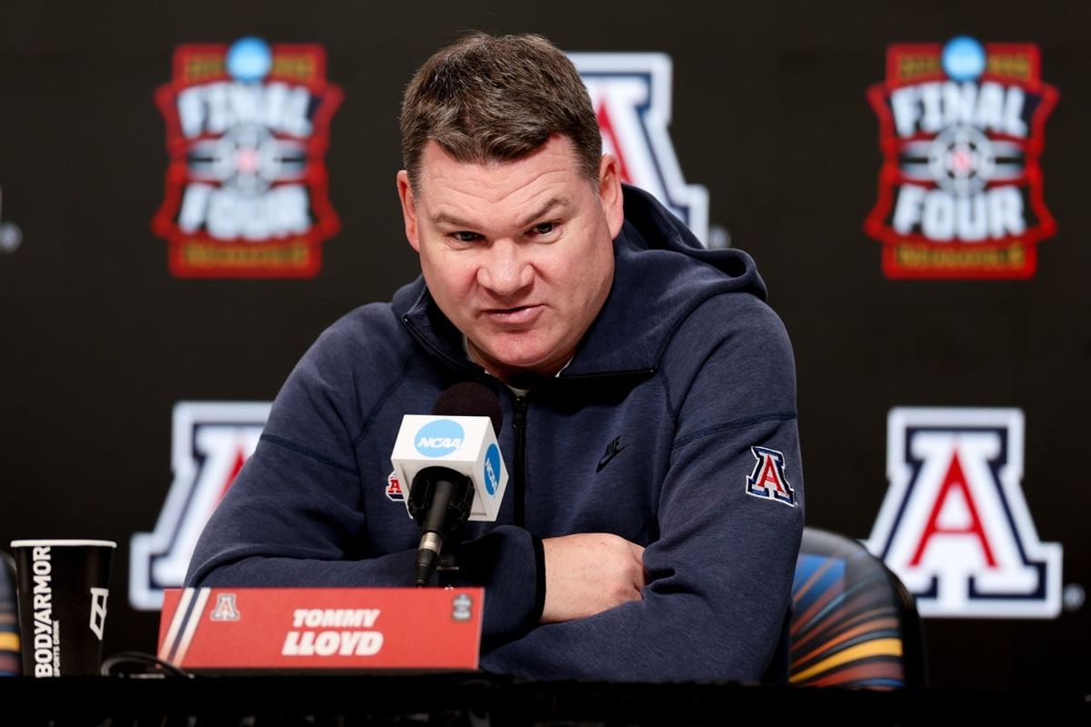 Apr 3, 2026; Indianapolis, IN, USA; Arizona Wildcats head coach Tommy Lloyd speaks during a press conference ahead of the Final Four of the men's 2026 NCAA Tournament at Lucas Oil Stadium. Mandatory Credit: Trevor Ruszkowski-Imagn Images