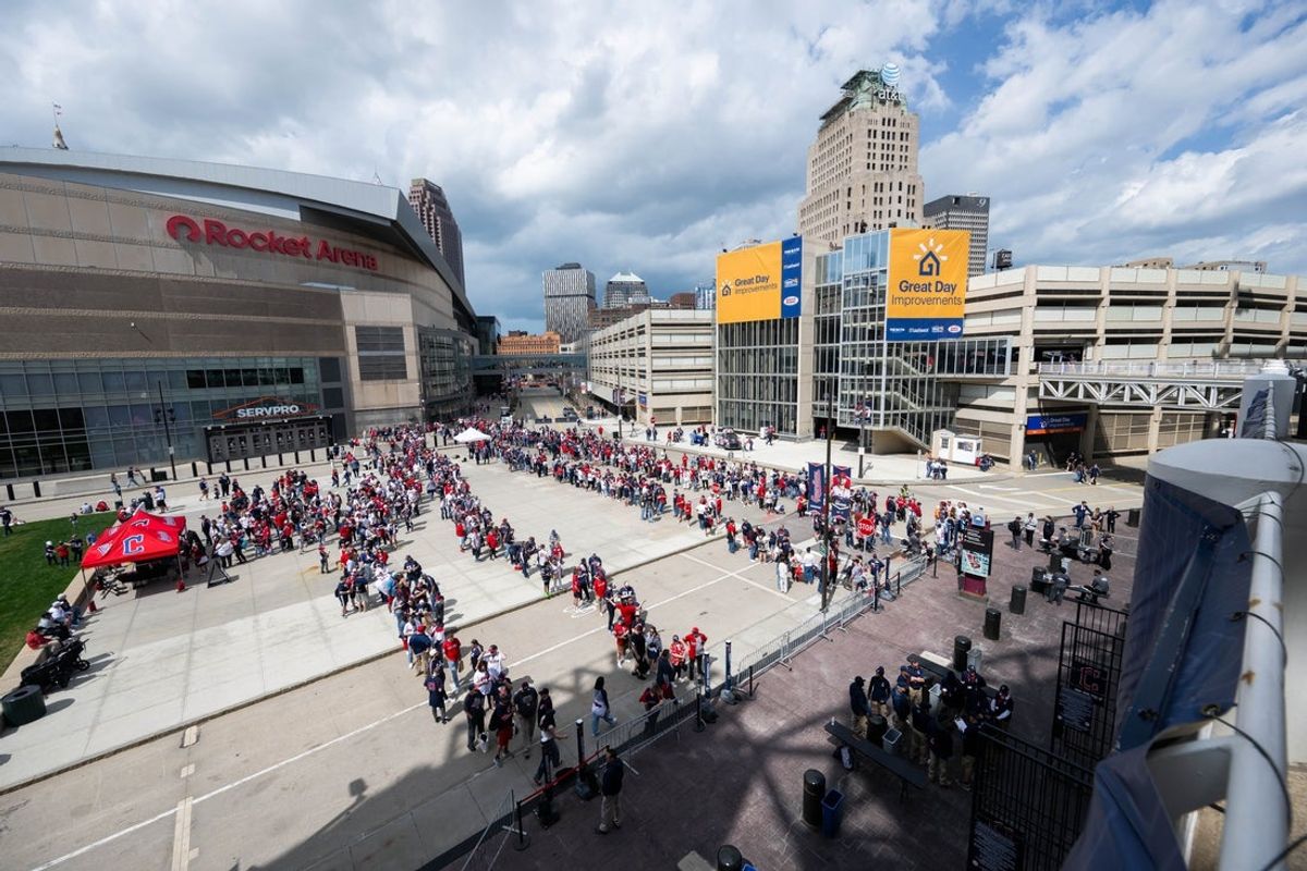 Apr 3, 2026; Cleveland, Ohio, USA; A general view as fans wait to enter before the home opener between the Guardians and the Chicago Cubs at Progressive Field. Mandatory Credit: Ken Blaze-Imagn Images