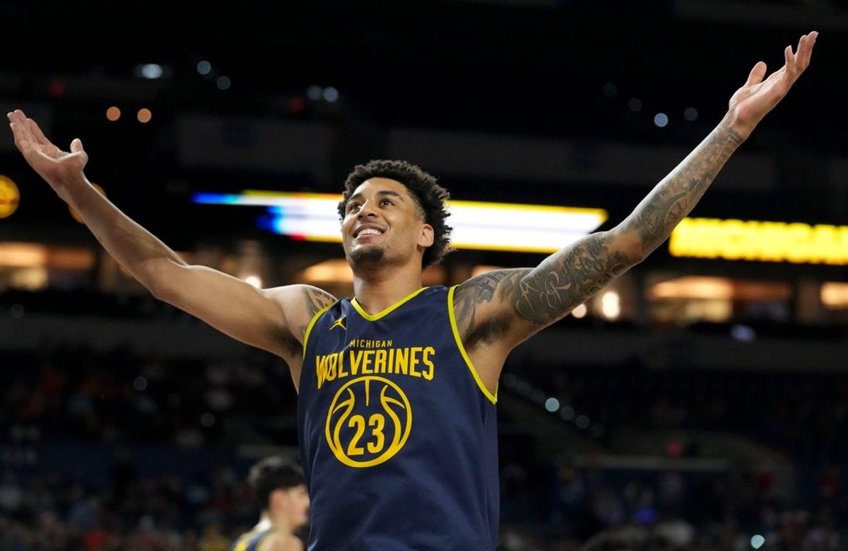 Michigan Wolverines forward Yaxel Lendeborg (23) reacts during practice ahead of a Final Four game on Friday, April 3, 2026, at Lucas Oil Stadium in Indianapolis.