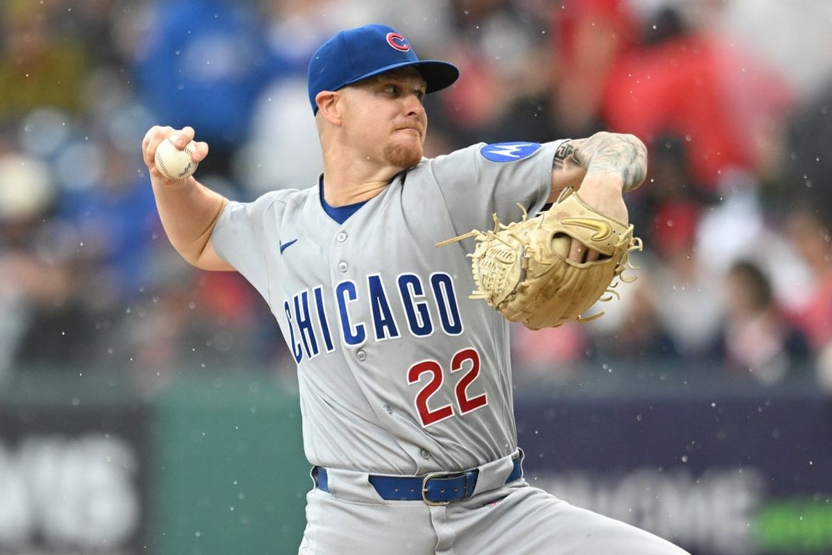 Apr 3, 2026; Cleveland, Ohio, USA; Chicago Cubs starting pitcher Cade Horton (22) throws a pitch during the first inning against the Cleveland Guardians at Progressive Field. Mandatory Credit: Ken Blaze-Imagn Images