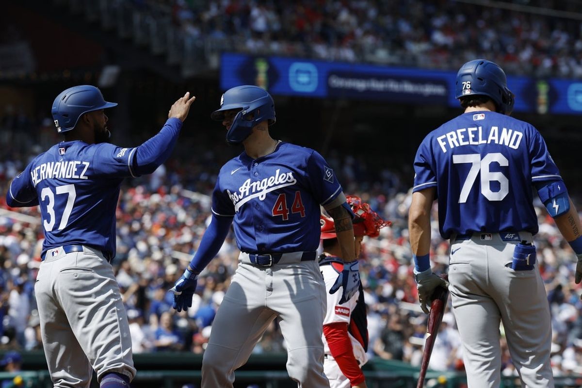 Apr 3, 2026; Washington, District of Columbia, USA; Los Angeles Dodgers center fielder Andy Pages (44) celebrates with Dodgers right fielder Teoscar Hernández (37) after hitting a two run home run against the Washington Nationals during the fourth inning at Nationals Park. Mandatory Credit: Geoff Burke-Imagn Images