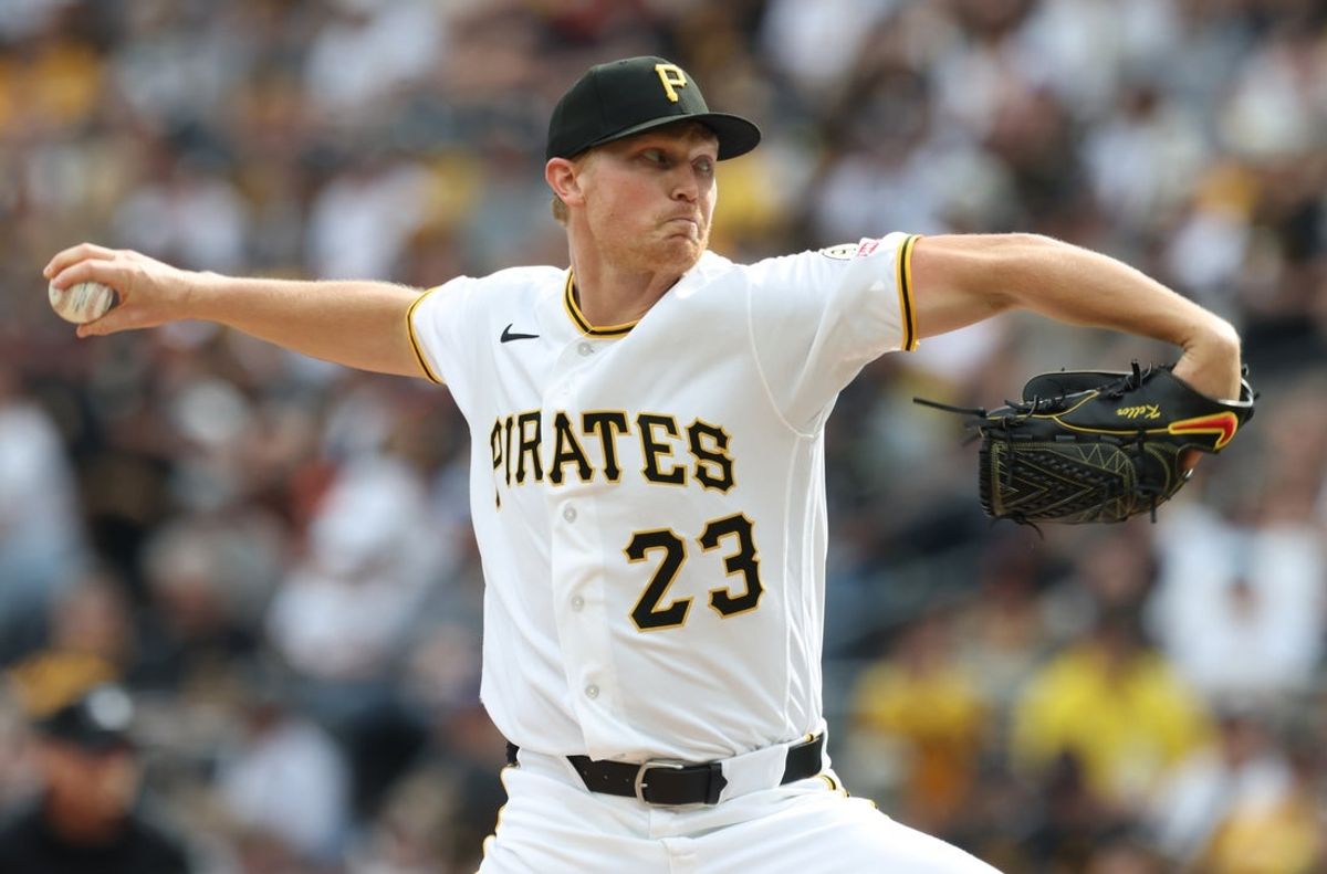 Apr 3, 2026; Pittsburgh, Pennsylvania, USA;  Pittsburgh Pirates starting pitcher Mitch Keller (23) delivers a pitch against the Baltimore Orioles during the first inning at PNC Park. Mandatory Credit: Charles LeClaire-Imagn Images