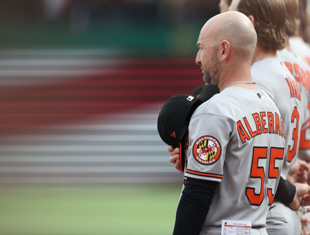 Apr 3, 2026; Pittsburgh, Pennsylvania, USA;  Baltimore Orioles manager Craig Albernaz (55) during the national anthem against the Pittsburgh Pirates at PNC Park. Mandatory Credit: Charles LeClaire-Imagn Images