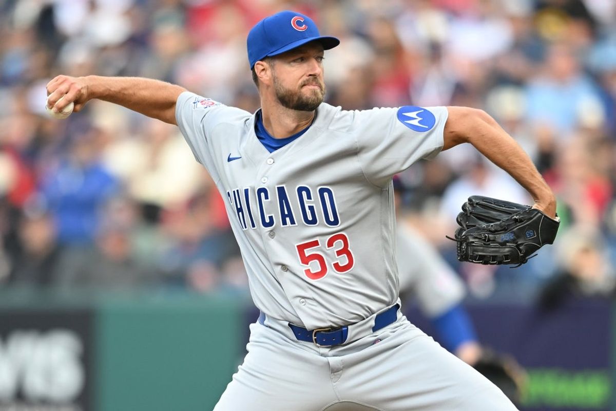 Apr 3, 2026; Cleveland, Ohio, USA; Chicago Cubs starting pitcher Colin Rea (53) throws a pitch during the second inning against the Cleveland Guardians at Progressive Field. Mandatory Credit: Ken Blaze-Imagn Images