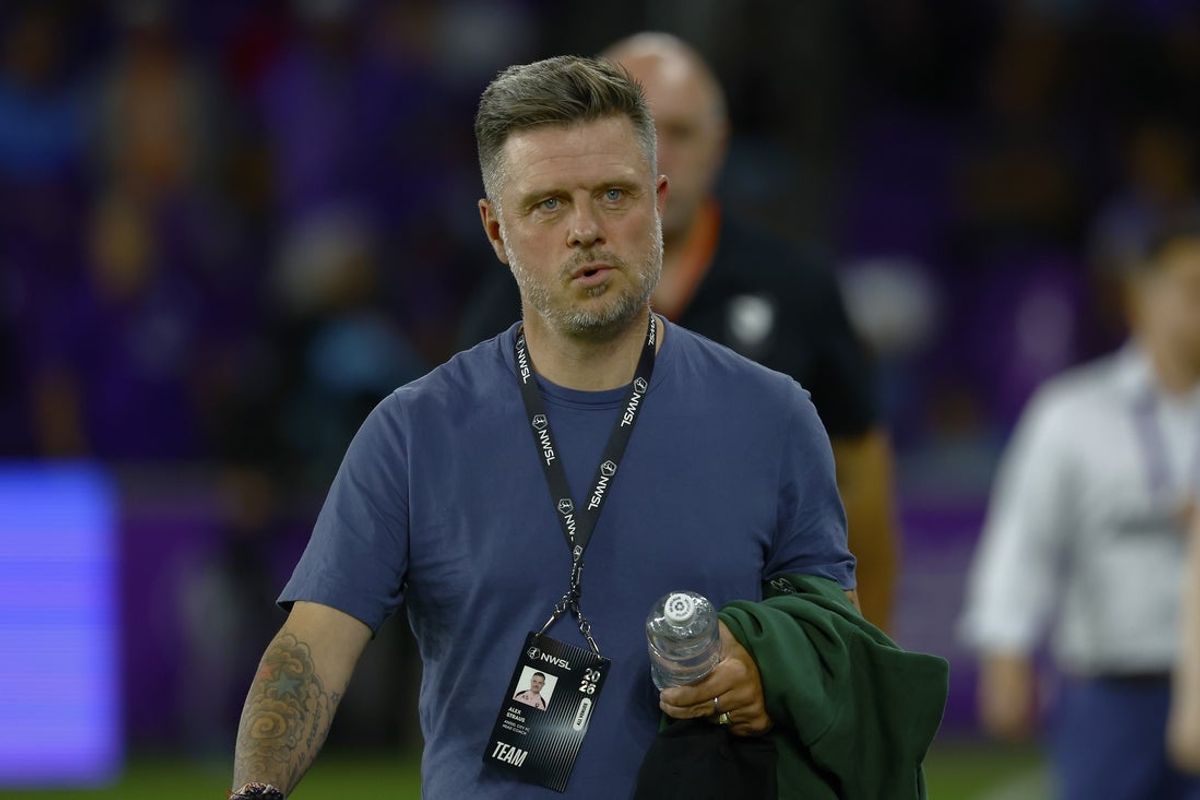 Apr 3, 2026; Orlando, Florida, USA;  Angel City FC head coach Alexander Straus prior to a game against the Orlando Pride at Inter&Co Stadium. Mandatory Credit: Russell Lansford-Imagn Images