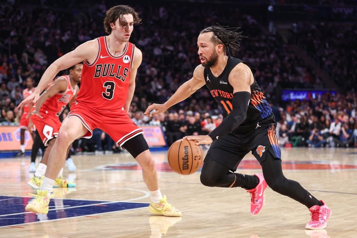 Apr 3, 2026; New York, New York, USA;  New York Knicks guard Jalen Brunson (11) drives past Chicago Bulls guard Josh Giddey (3) in the third quarter at Madison Square Garden. Mandatory Credit: Wendell Cruz-Imagn Images