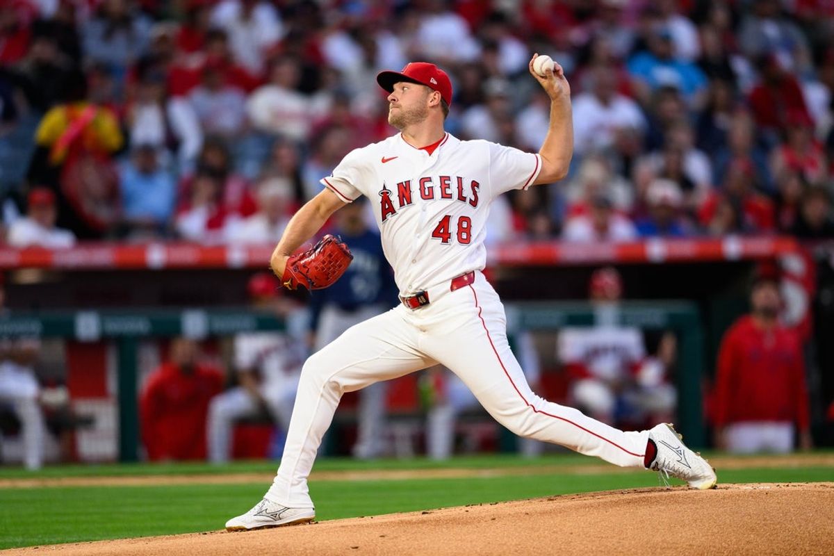 Apr 3, 2026; Anaheim, California, USA; Los Angeles Angels pitcher Reid Detmers (48) delivers during the first inning against the Seattle Mariners at Angel Stadium. Mandatory Credit: William Liang-Imagn Images
