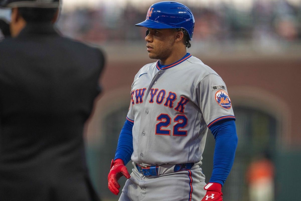 Apr 3, 2026; San Francisco, California, USA; New York Mets left fielder Juan Soto (22) reacts on a call strike against the San Francisco Giants during the first inning at Oracle Park. Mandatory Credit: Neville E. Guard-Imagn Images