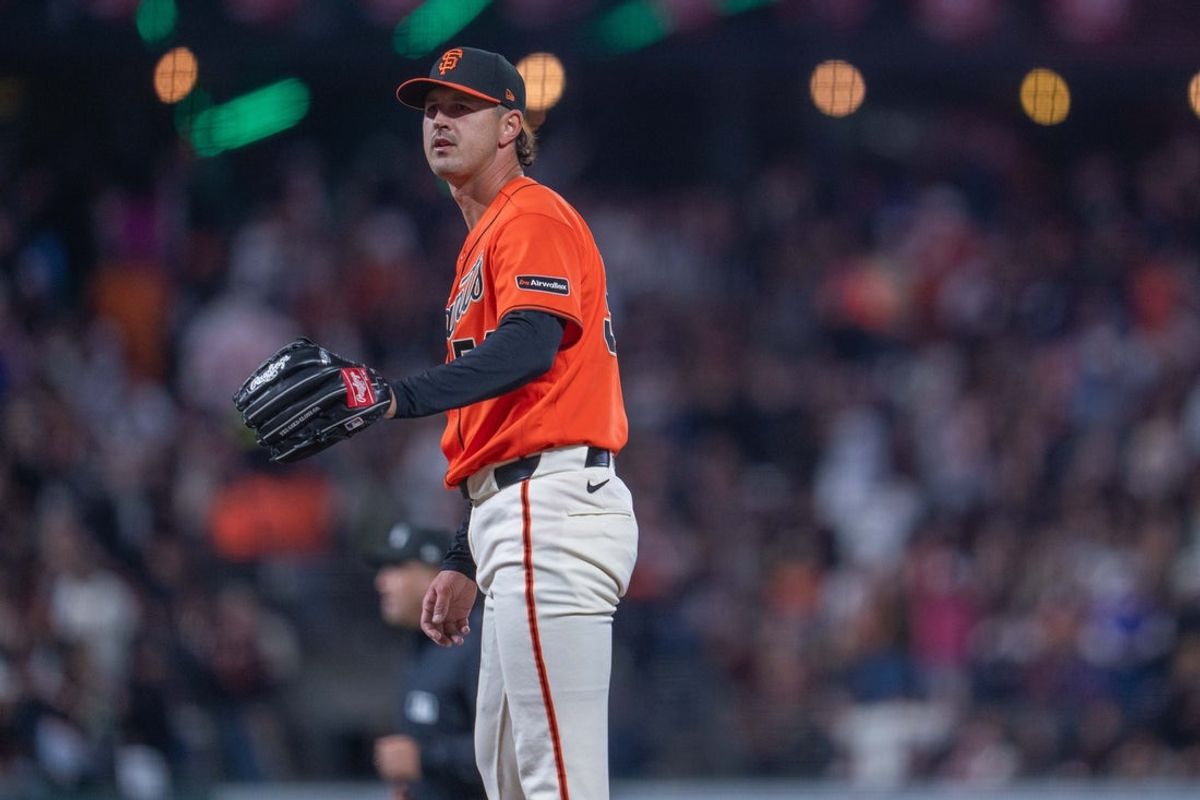 Apr 3, 2026; San Francisco, California, USA; San Francisco Giants starting pitcher Tyler Mahle (54) reacts after a second home run hit by New York Mets catcher Francisco Alvarez (not pictured) during the fourth inning at Oracle Park. Mandatory Credit: Neville E. Guard-Imagn Images