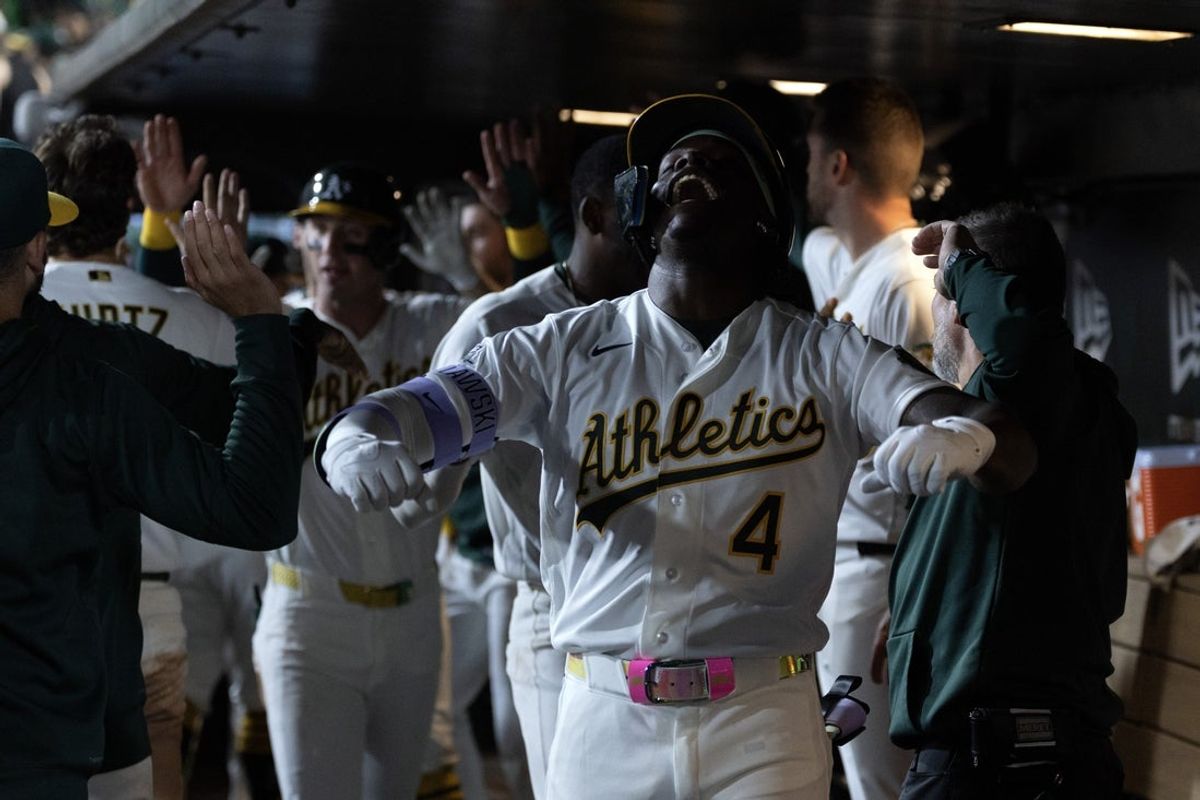 Apr 3, 2026; West Sacramento, California, USA; Athletics right fielder Lawrence Butler (4) celebrates his three-run home run against the Houston Astros during the fourth inning at Sutter Health Park. Mandatory Credit: D. Ross Cameron-Imagn Images