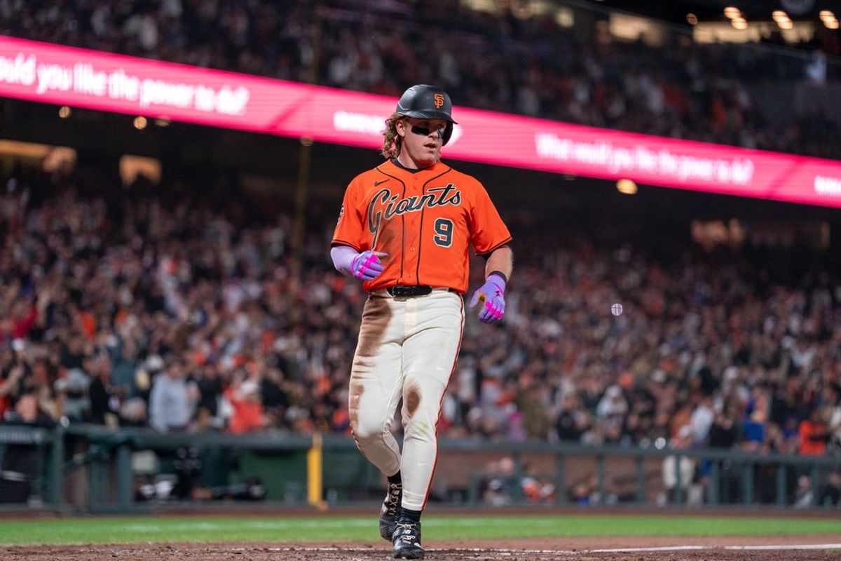 Apr 3, 2026; San Francisco, California, USA; San Francisco Giants center fielder Harrison Bader (9) scores on an RBI double by San Francisco Giants shortstop Willy Adames (not pictured) against the New York Mets during the sixth inning at Oracle Park. Mandatory Credit: Neville E. Guard-Imagn Images