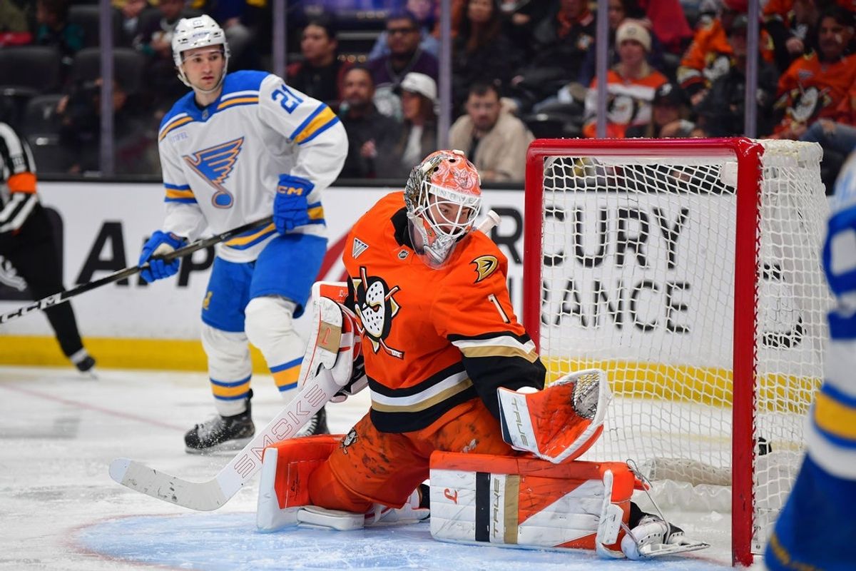 Apr 3, 2026; Anaheim, California, USA; Anaheim Ducks goaltender Lukas Dostal (1) allows a power-play goal scored by St. Louis Blues left wing Dylan Holloway (81)  during the third period at Honda Center. Mandatory Credit: Gary A. Vasquez-Imagn Images
