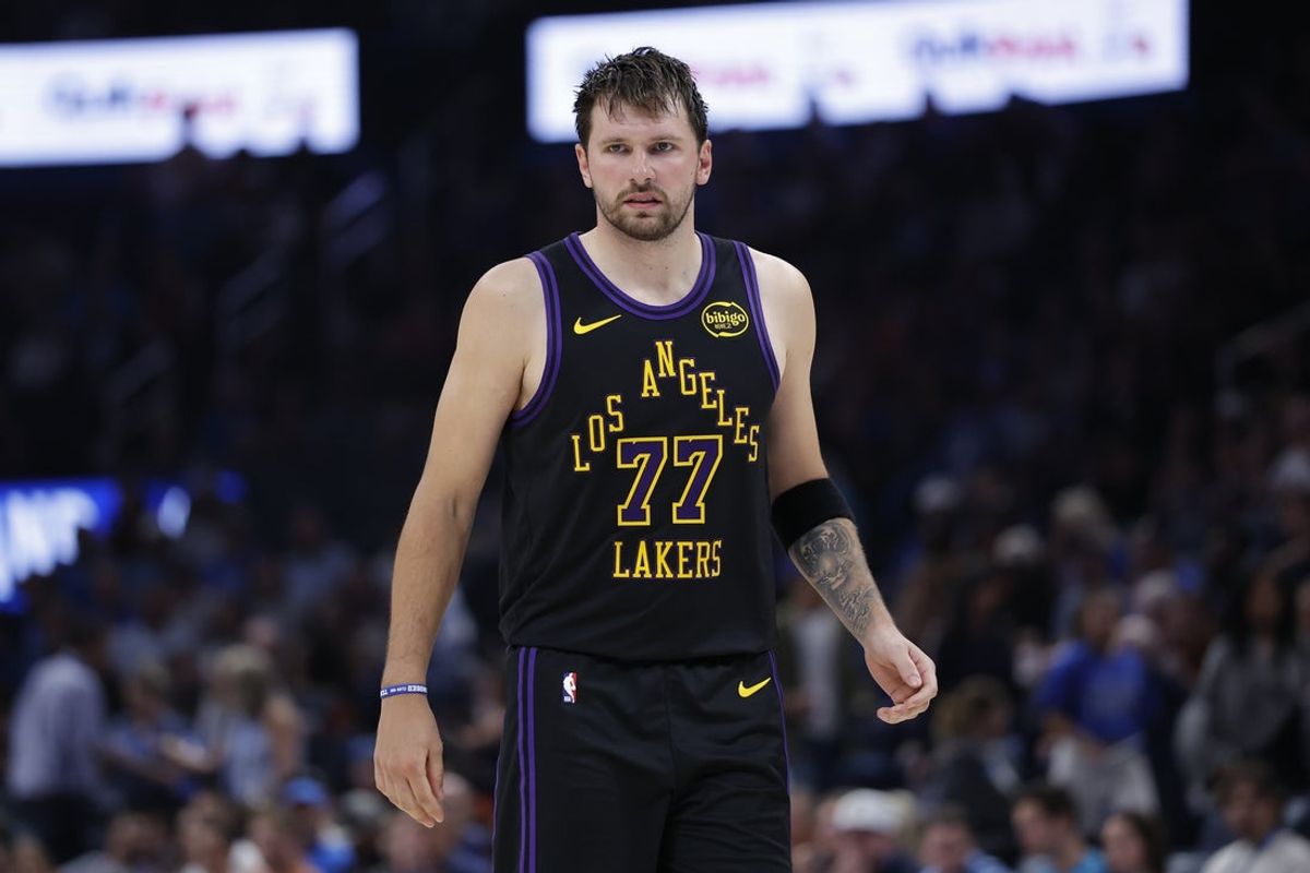 Apr 2, 2026; Oklahoma City, Oklahoma, USA; Los Angeles Lakers guard Luka Doncic (77) stands on the court during the second half against the Oklahoma City Thunder at Paycom Center. Mandatory Credit: Alonzo Adams-Imagn Images