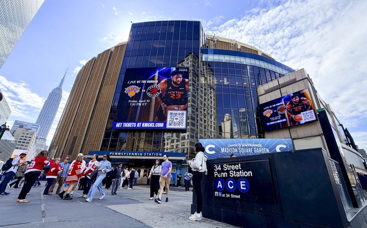Apr 4, 2026; New York, New York, USA; A general view of fans walking around the outside of Madison Square Garden before a game between the New York Rangers and Detroit Red Wings. Mandatory Credit: Danny Wild-Imagn Images