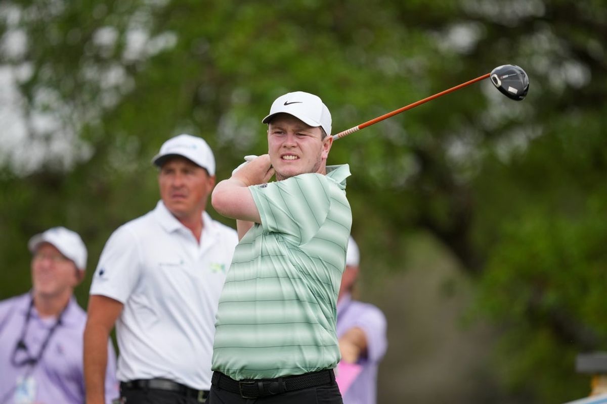 Apr 4, 2026; San Antonio, Texas, USA; Robert MacIntyre reacts to his shot from the second tee during the third round of the Valero Texas Open golf tournament. Mandatory Credit: Daniel Dunn-Imagn Images