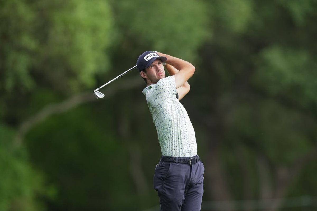 Apr 4, 2026; San Antonio, Texas, USA; Alex Smalley watches his shot on the first hole during the third round of the Valero Texas Open golf tournament. Mandatory Credit: Daniel Dunn-Imagn Images