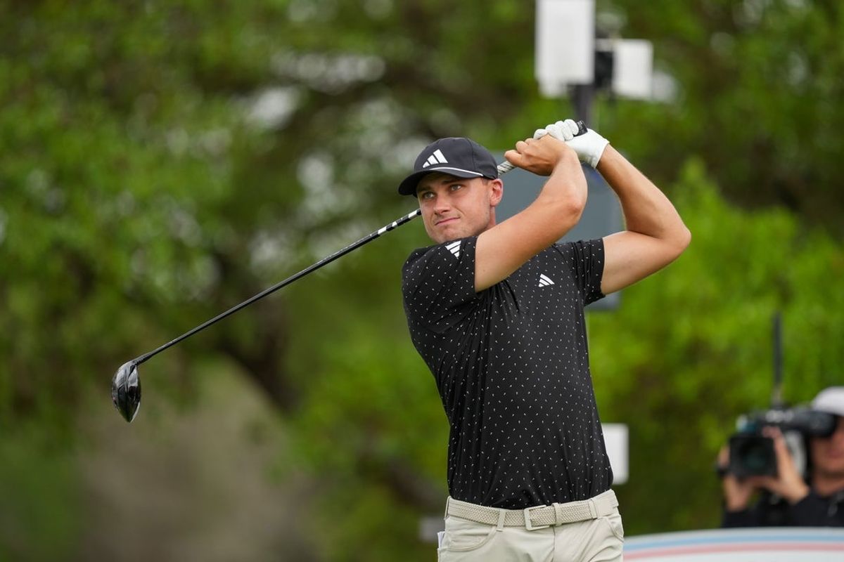 Apr 4, 2026; San Antonio, Texas, USA; Ludvig Aberg watches his shot from the second tee during the third round of the Valero Texas Open golf tournament. Mandatory Credit: Daniel Dunn-Imagn Images