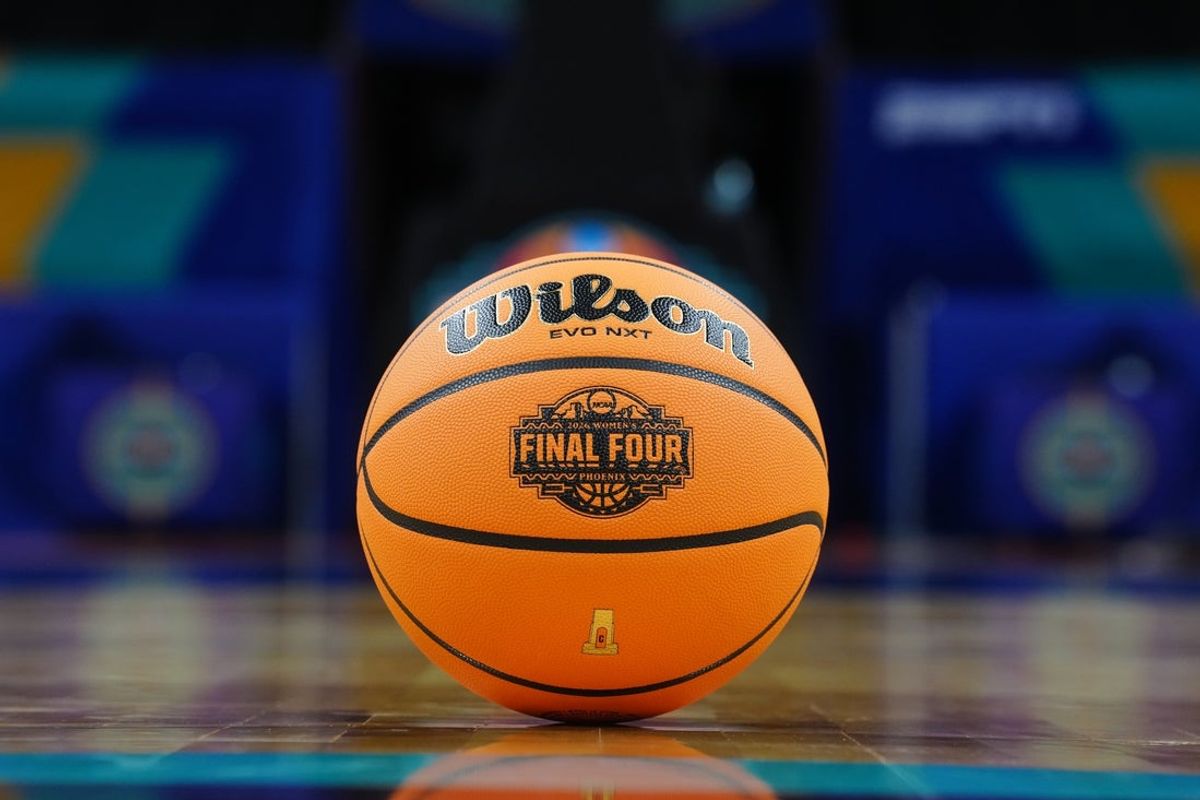 Apr 4, 2026; Phoenix, AZ, USA; A Wilson Evo NXT basketball with the Final Four logo on the court at Mortgage Matchup Center. Mandatory Credit: Kirby Lee-Imagn Images