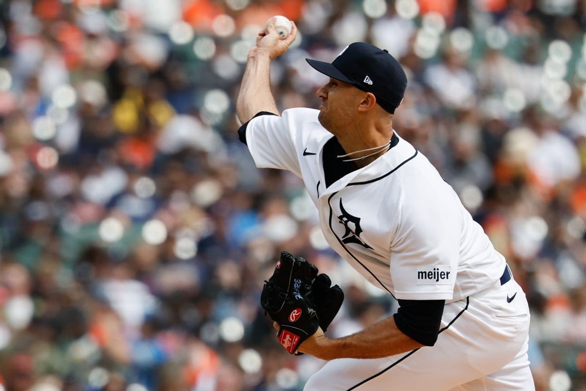 Apr 4, 2026; Detroit, Michigan, USA;  Detroit Tigers pitcher Jack Flaherty (9) pitches in the second inning against the St. Louis Cardinals at Comerica Park. Mandatory Credit: Rick Osentoski-Imagn Images