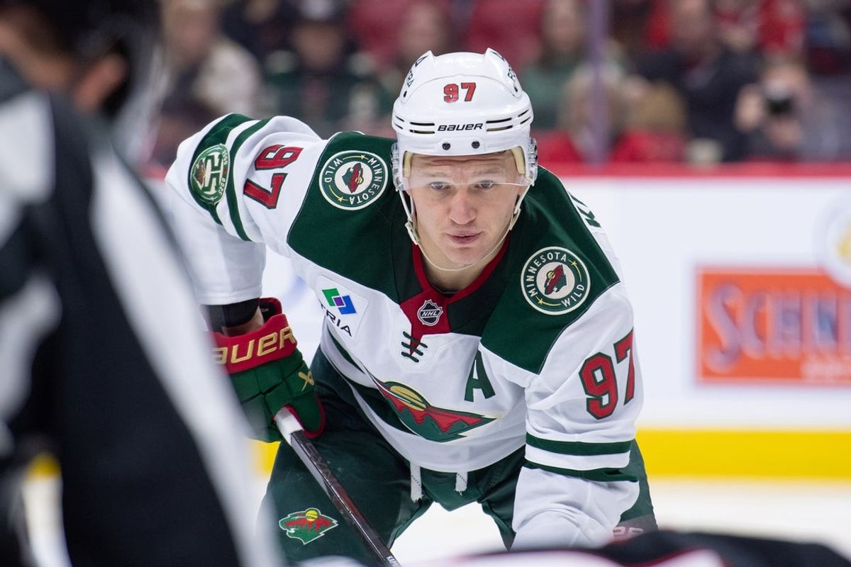 Apr 4, 2026; Ottawa, Ontario, CAN; Minnesota Wild left wing Kirill Kaprizov (97) gets in position for a faceoff in the second period against the Ottawa Senators at the Canadian Tire Centre. Mandatory Credit: Marc DesRosiers-IMAGN Images
