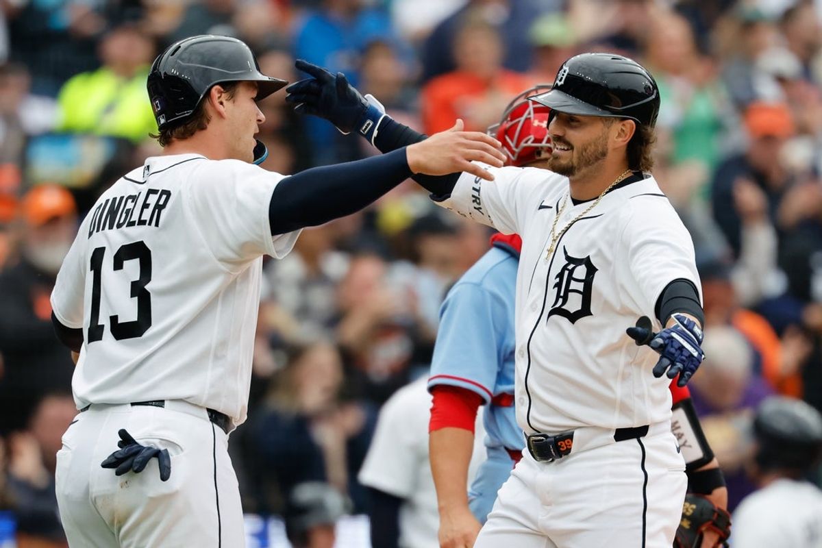 Apr 4, 2026; Detroit, Michigan, USA;  Detroit Tigers third baseman Zach McKinstry (39) receives congratulations from catcher Dillon Dingler (13) after he hits a two run home run in the fourth inning against the St. Louis Cardinals at Comerica Park. Mandatory Credit: Rick Osentoski-Imagn Images