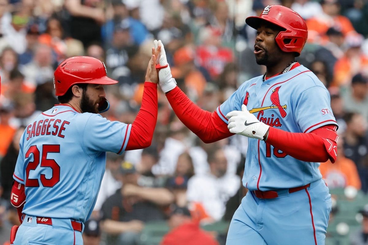 Apr 4, 2026; Detroit, Michigan, USA;  St. Louis Cardinals right fielder Jordan Walker (18) receives congratulations from second baseman Thomas Saggese (25)  after he hits a grand slam in the fifth inning against the Detroit Tigers at Comerica Park. Mandatory Credit: Rick Osentoski-Imagn Images