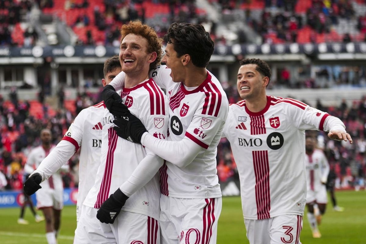 Apr 4, 2026; Toronto, Ontario, CAN; Toronto FC forward Josh Sargent (9) celebrates scoring against the Colorado Rapids during the second half at BMO Field. Mandatory Credit: Kevin Sousa-Imagn Images
